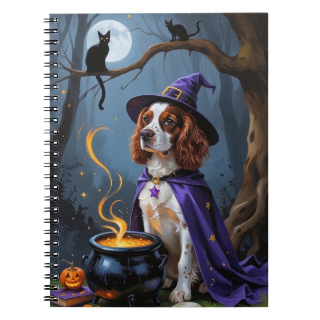 Brittany Spaniel Hund Whimsical Halloween-målning Anteckningsbok (Framsidan)