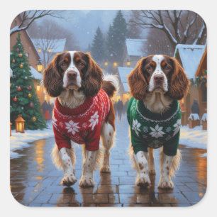 Brittany Spaniel Hundar Jul Snö Högtid Fyrkantigt Klistermärke
