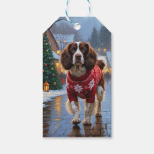 Brittany Spaniel Hundar Jul Snö Högtid Presentetikett
