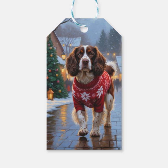 Brittany Spaniel Hundar Jul Snö Högtid Presentetikett (Framsidan)
