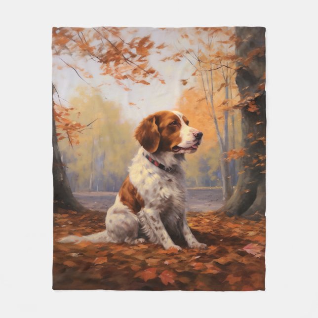 Brittany Spaniel i höstlöv Fall Inspire Fleecefilt (Framsidan)