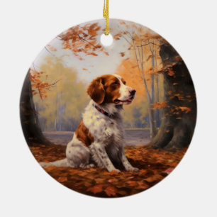 Brittany Spaniel i höstlöv Fall Inspire Julgransprydnad Keramik