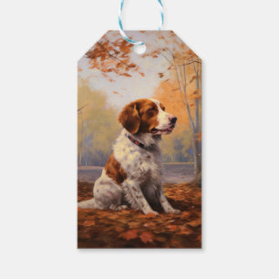 Brittany Spaniel i höstlöv Fall Inspire Presentetikett