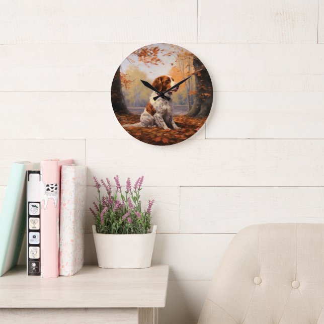 Brittany Spaniel i höstlöv Fall Inspire Stor Klocka (Läsesal)