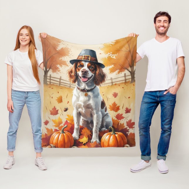 Brittany Spaniel i höstlöv Thanksgiving konst Fleecefilt (På plats)