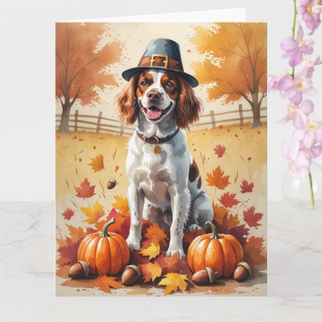 Brittany Spaniel i höstlöv Thanksgiving konst Kort (Orkide)
