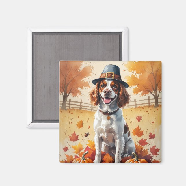 Brittany Spaniel i höstlöv Thanksgiving konst Magnet (Front/Back)