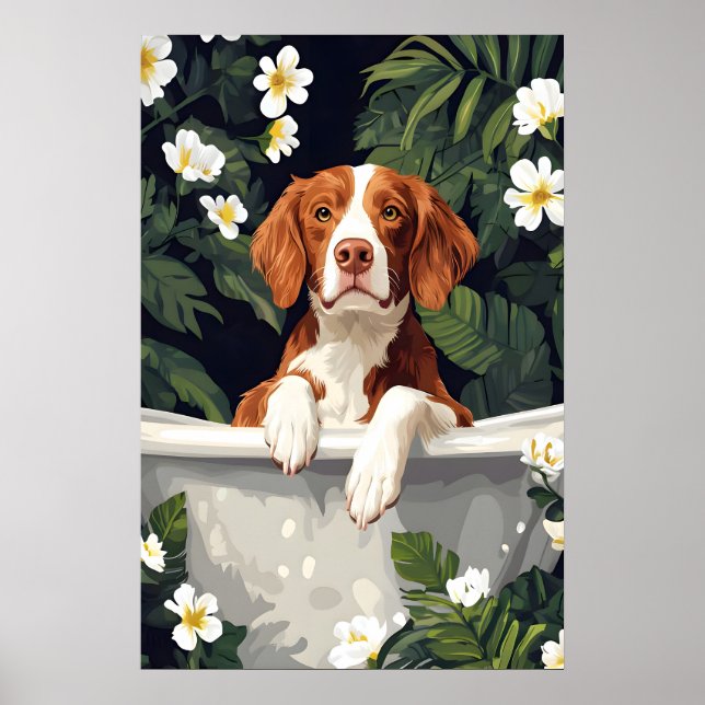 Brittany Spaniel In Bathtub Poster, Funny Dog Poster (Framsidan)