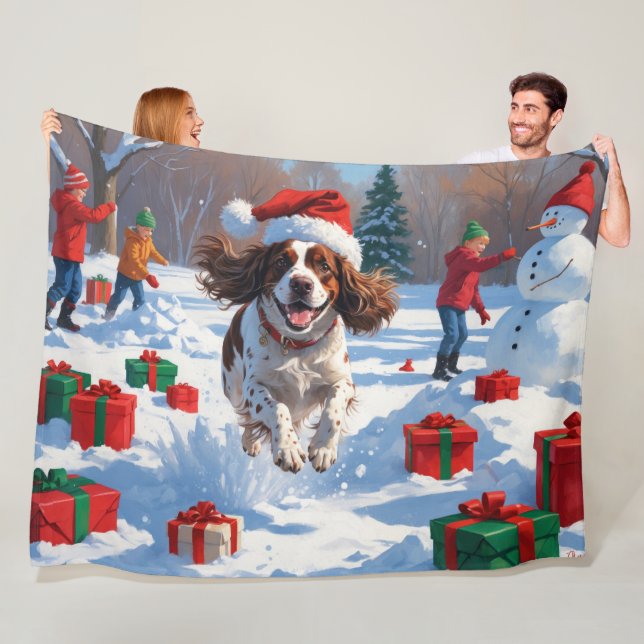 Brittany Spaniel Jul Festiv Snö Scen Fleecefilt (På plats)