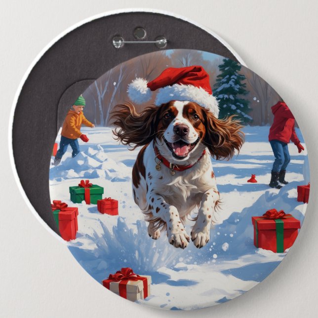 Brittany Spaniel Jul Festiv Snö Scen Knapp (Framsida & baksida)