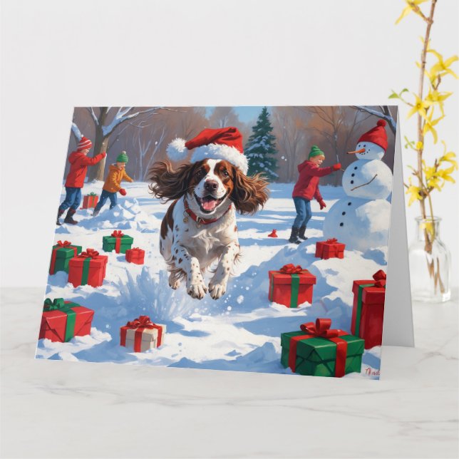Brittany Spaniel Jul Festiv Snö Scen Kort (Gul blomma)