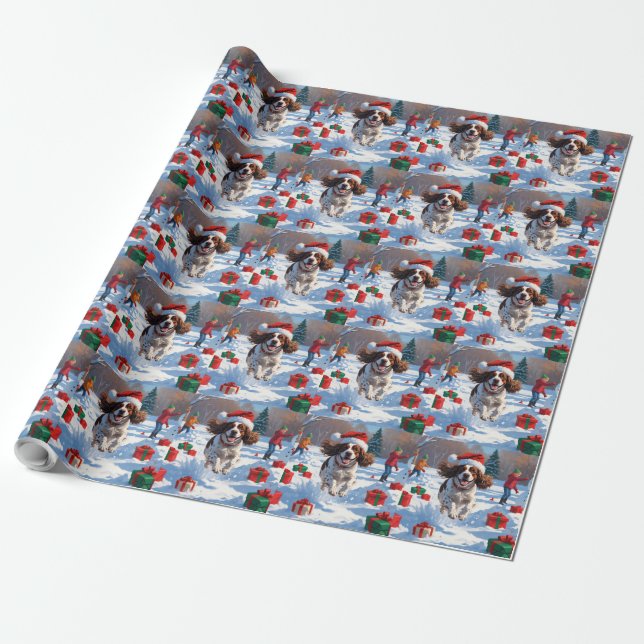 Brittany Spaniel Jul Festiv Snö Scen Presentpapper (Utrullad)