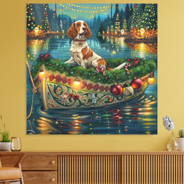 Brittany Spaniel Jul Festlig resa Canvastryck (Insitu (Vardagsrum))