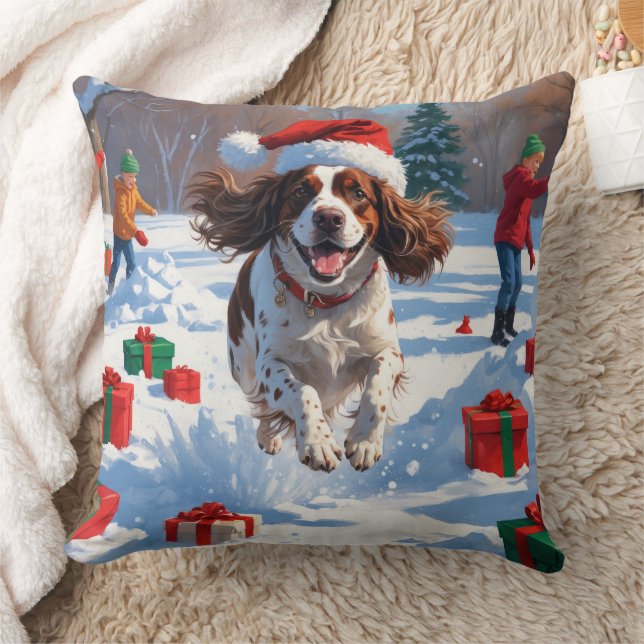 Brittany Spaniel Julfestiv Snöscen Kudde (Filt)