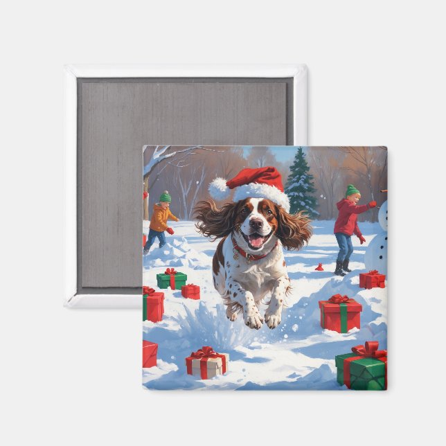 Brittany Spaniel Julfestiv Snöscen Magnet (Front/Back)