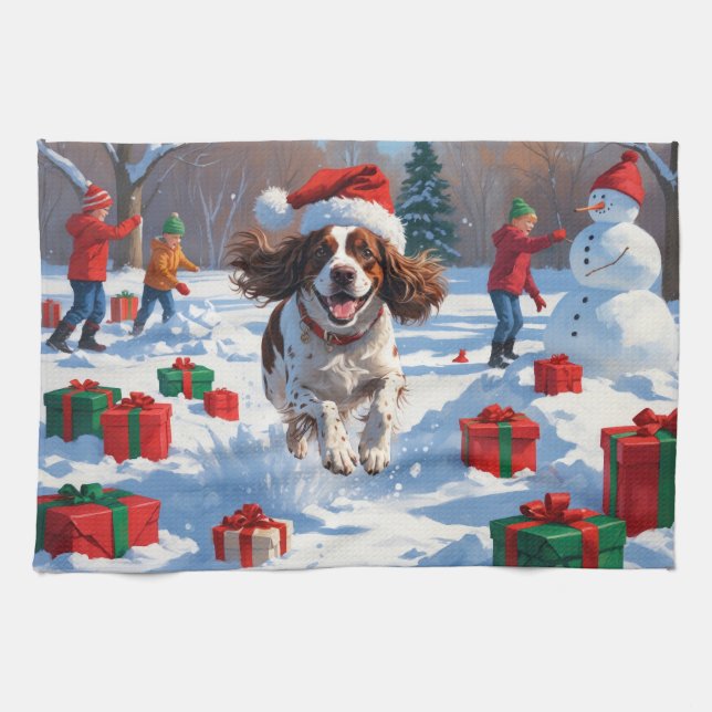 Brittany Spaniel Julfestlig Snö Scen Kökshandduk (Horisontell)
