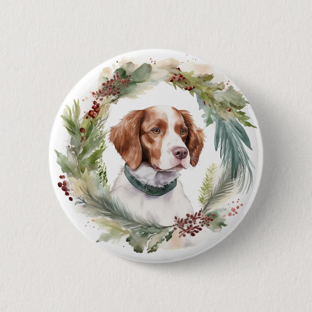 Brittany Spaniel Julkrans Festlig Valp Knapp (Framsida)