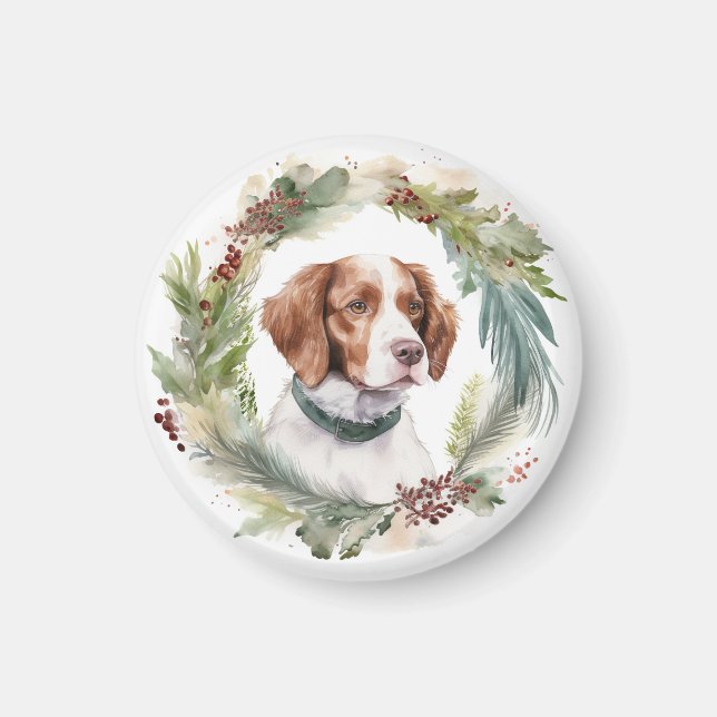 Brittany Spaniel Julkrans Festlig Valp Magnet (Framsidan)