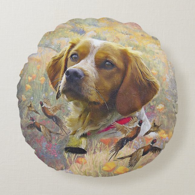 Brittany Spaniel Konst , Fasan jakt Rund Kudde (Framsidan)