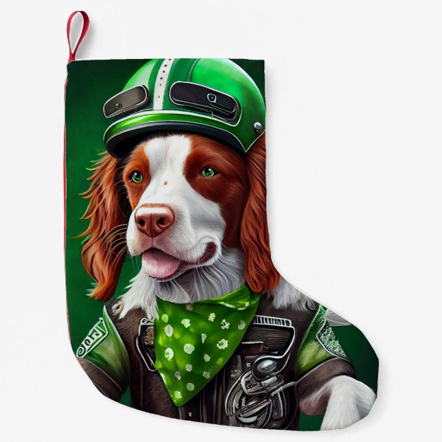 Brittany Spaniel kör cykel St. Patrick's Day Liten Julstrumpa (Framsidan)