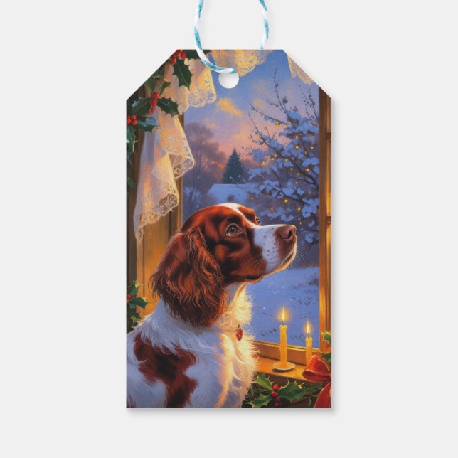 Brittany Spaniel med julbelysning Högtid  Presentetikett (Baksidan)