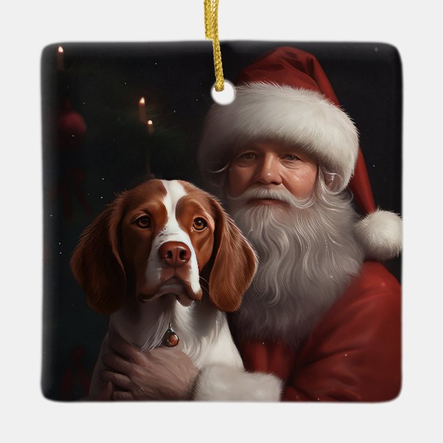 Brittany Spaniel med Tomte Jul Julgransprydnad Keramik (Framsida)