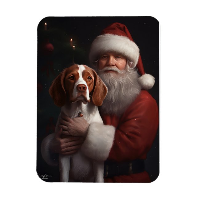 Brittany Spaniel med Tomte Jul Magnet (Vertikal)