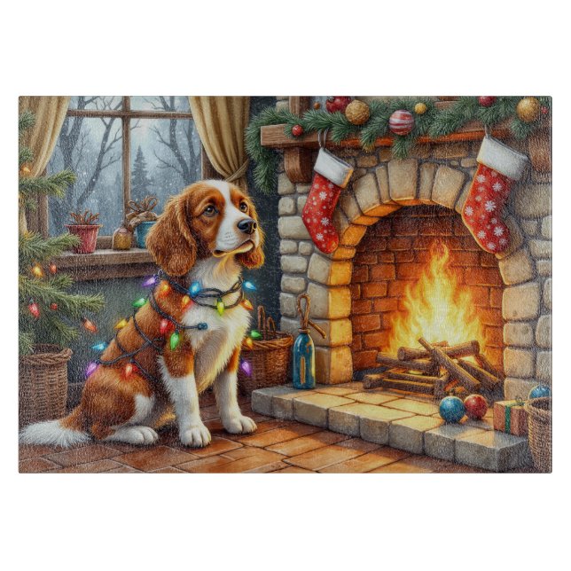 Brittany Spaniel Öppen spis med julbelysning (Framsidan)