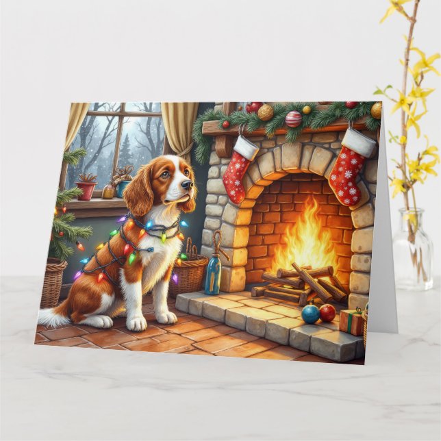 Brittany Spaniel Öppen spis med julbelysning Kort (Gul blomma)