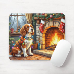 Brittany Spaniel Öppen Spis med Julbelysning Musmatta