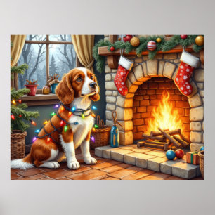 Brittany Spaniel Öppen Spis med Julbelysning Poster