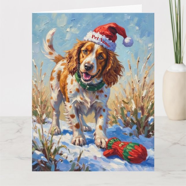 Brittany Spaniel Pointing at Santa's Glove Hat Kort (Framsida)