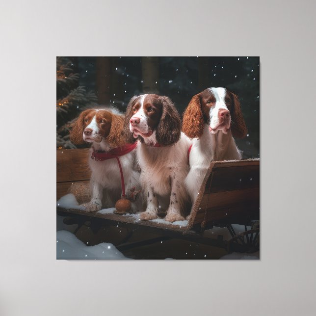 Brittany Spaniel Snöig släde Juldekoration Canvastryck (Framsida)