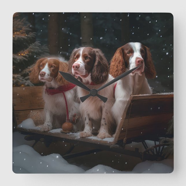 Brittany Spaniel Snöig släde juldekoration   Fyrkantig Klocka (Framsida)