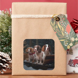 Brittany Spaniel Snöig släde juldekoration Fyrkantigt Klistermärke
