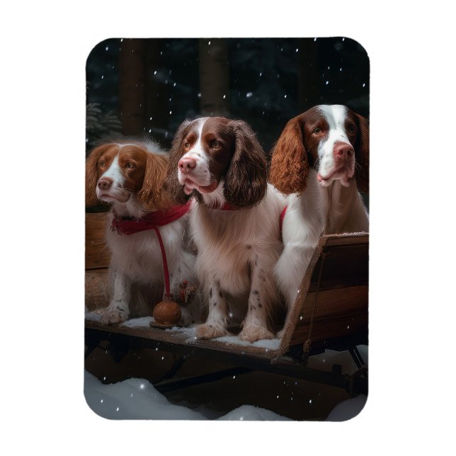 Brittany Spaniel Snöig släde Juldekoration Magnet (Vertikal)
