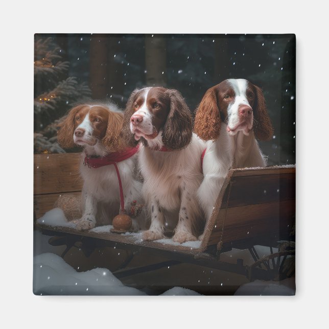 Brittany Spaniel Snöig släde juldekoration   Magnet (Framsidan)
