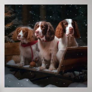 Brittany Spaniel Snöig släde juldekoration Poster