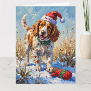 Brittany Spaniel som pekar på tomtens handskemössa Kort