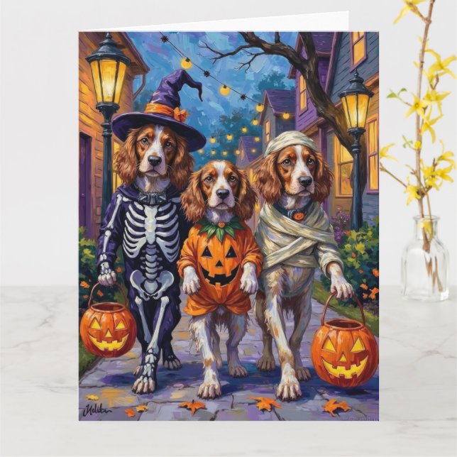 Brittany Spaniel som trick-or-treating på Hallowee Kort (Gul blomma)