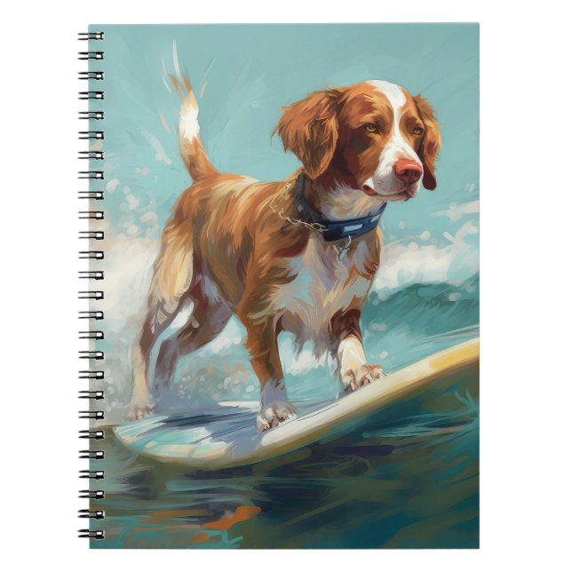 Brittany Spaniel Strand Surfing Målning Anteckningsbok (Framsidan)