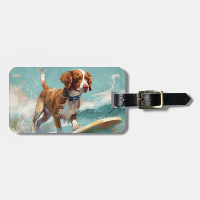 Brittany Spaniel Strand Surfing Målning Bagagebricka (Horisontell Framsida)