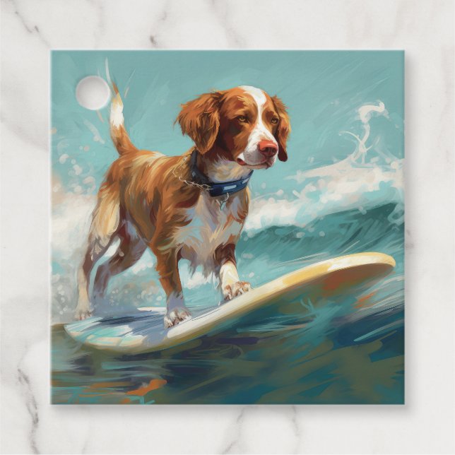 Brittany Spaniel Strand Surfing Målning Gåvor Etiketter (Framsida)