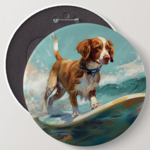 Brittany Spaniel Strand Surfing Målning Knapp
