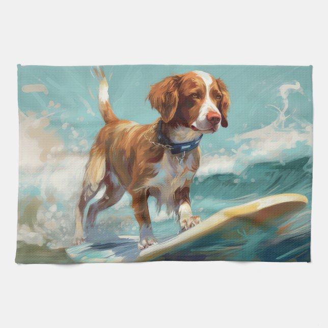 Brittany Spaniel Strand Surfing Målning Kökshandduk (Horisontell)