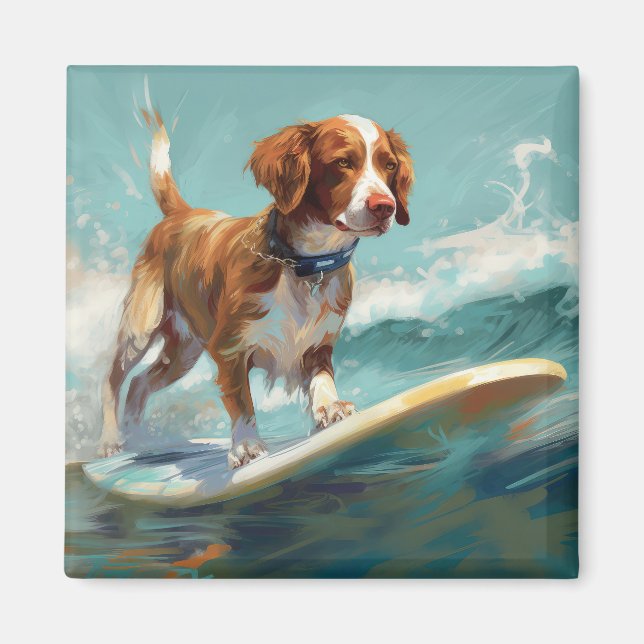 Brittany Spaniel Strand Surfing Målning Magnet (Framsidan)