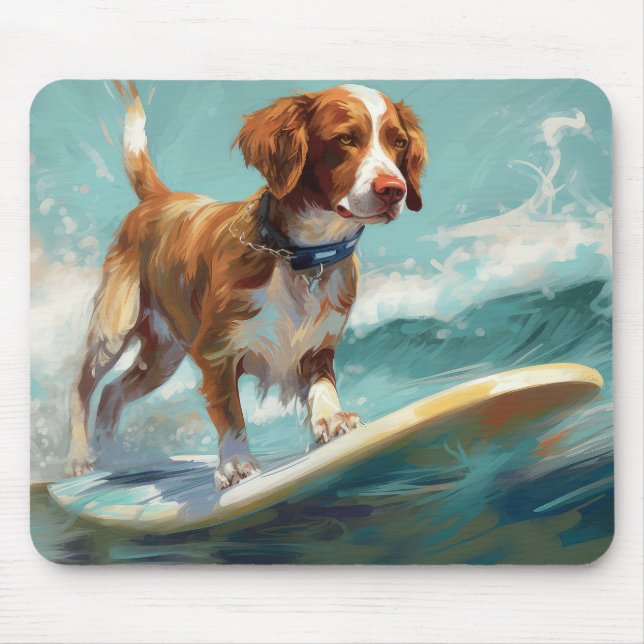 Brittany Spaniel Strand Surfing Målning Musmatta (Framsidan)