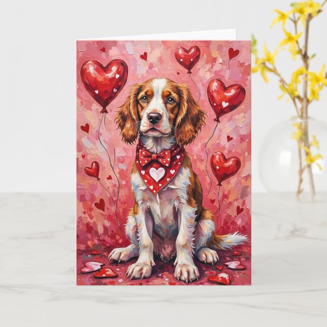 Brittany Spaniel Valentine’s Day Dog with Hearts Kort (Gul blomma)