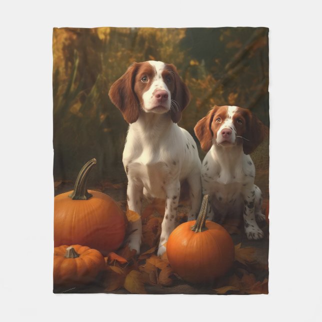 Brittany Spaniel Valp Höstglädje Pumpa  Fleecefilt (Framsidan)