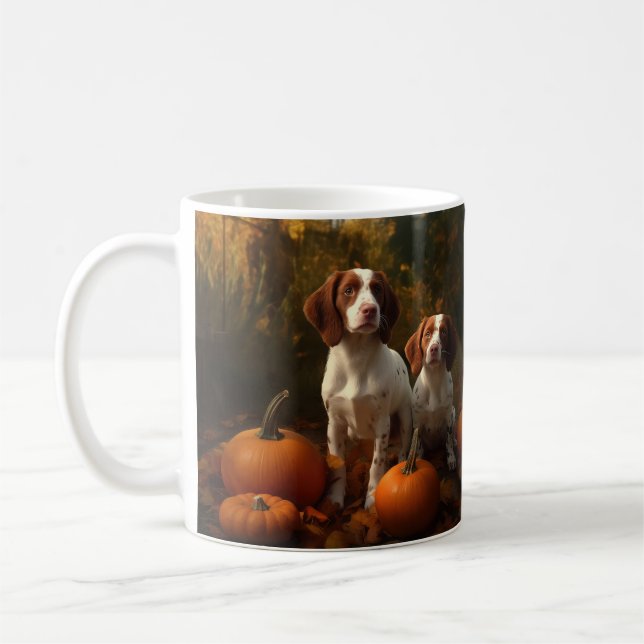 Brittany Spaniel Valp Höstglädje Pumpa  Kaffemugg (Vänster)